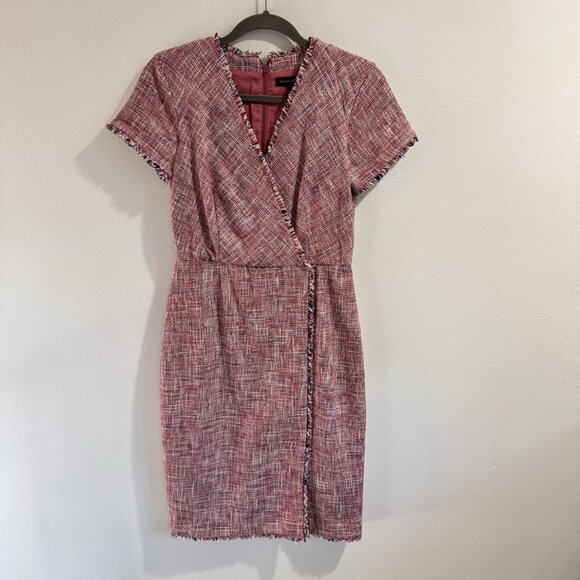 Banana Republic Wrap Shirt Dress 4 / S Tweed Pink Blue Fringe Career Cocktail - Picture 1 of 10
